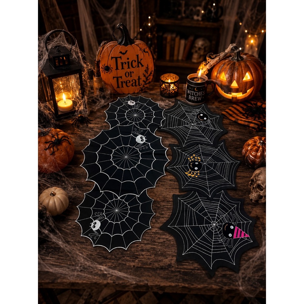 Halloween‎ Spider Web Table Runner Set Black Embroidered Spooky Decor 2 Piece